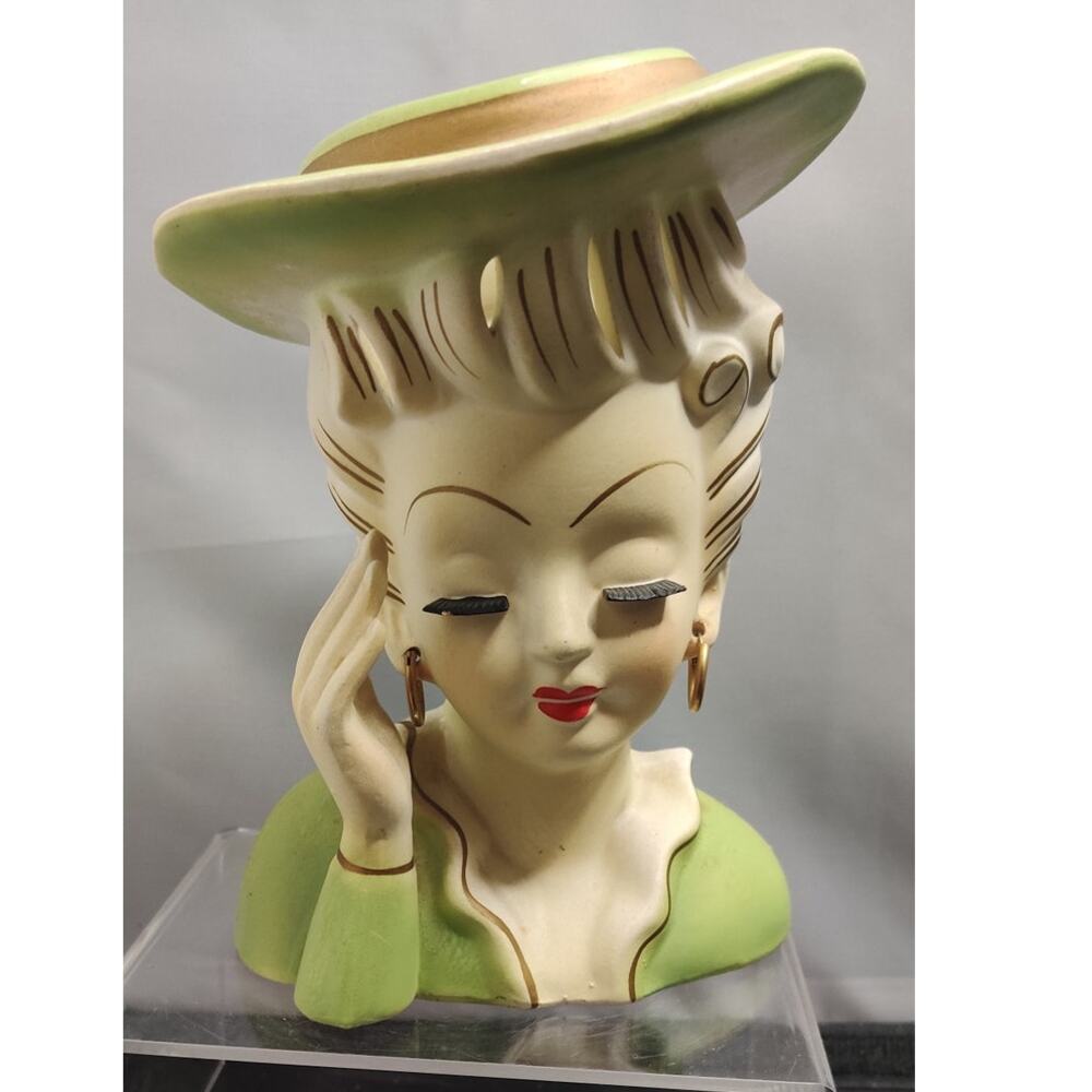 Vintage Green Hat Hand to Head Headache Lady Head Vase Planter Kitsch MidCentury